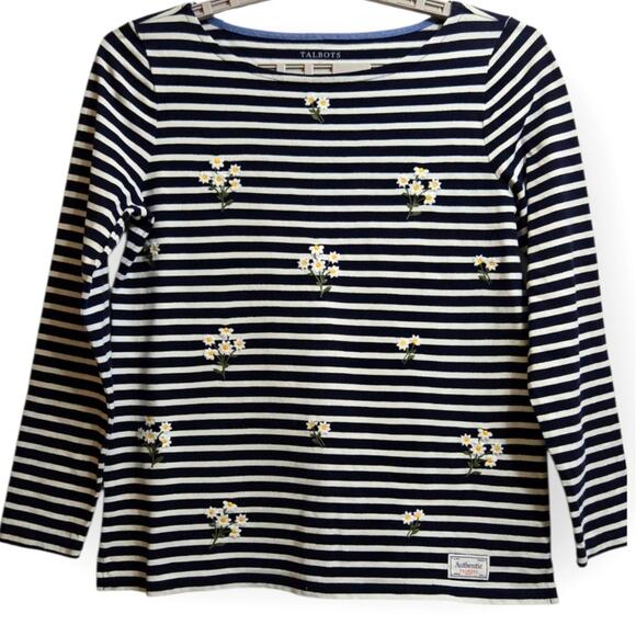Talbots Navy White Striped Daisy Embroidered Top Women's M 100% Cotton - Picture 2 of 9